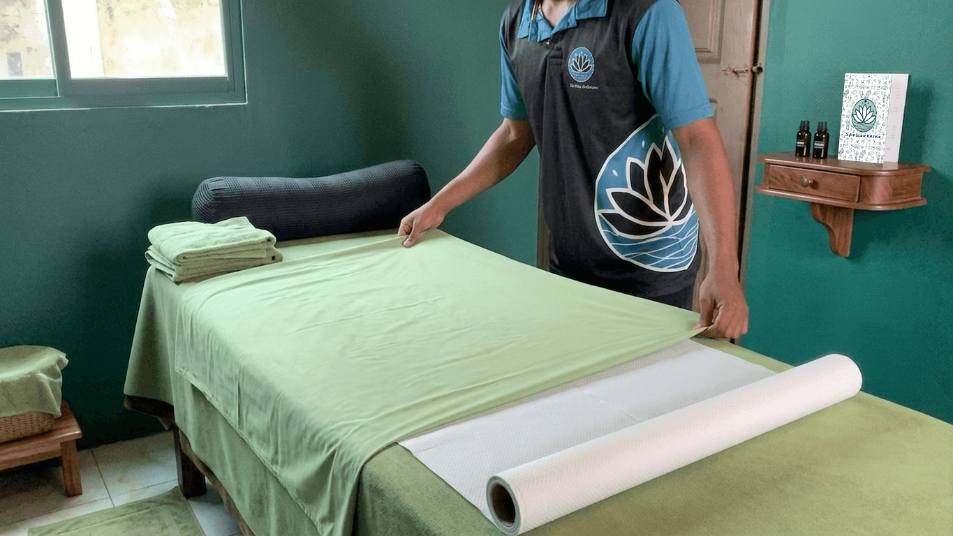 Therapist preparing a fresh treatment bed