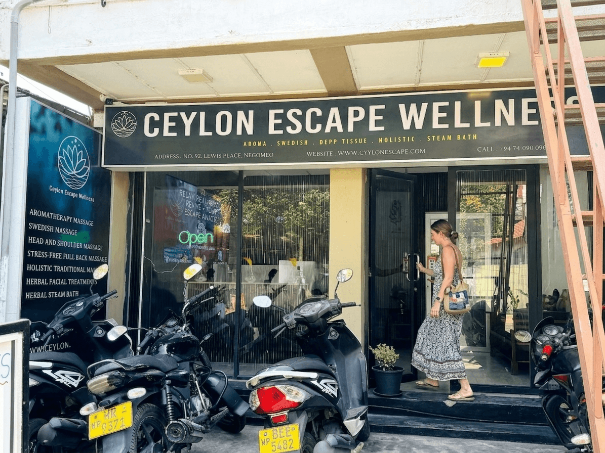 A guest arriving at the Ceylon Escape Wellness entrance in Negombo